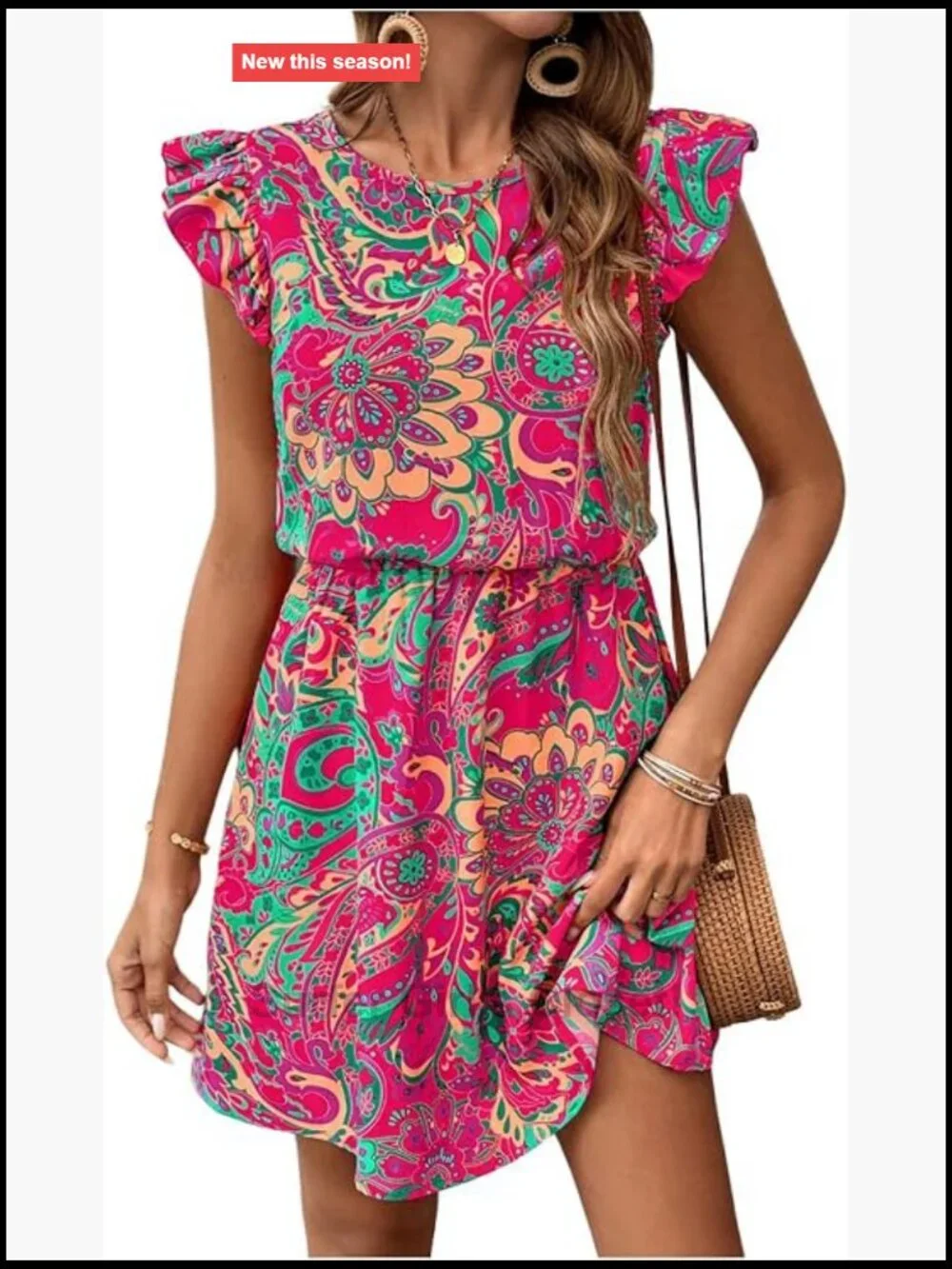 Paisley Floral Ruffle Cap Sleeve Boho Dress Crew Neck Tie Back Summer Mini